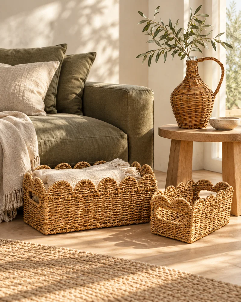 A sunlit living room with two scalloped baskets and a woven decorative jug